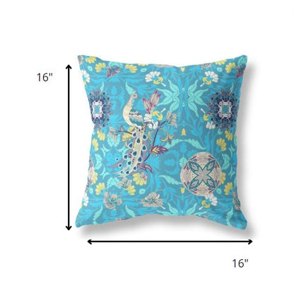 16" Turquoise Peacock Indoor Outdoor Zip Throw Pillow