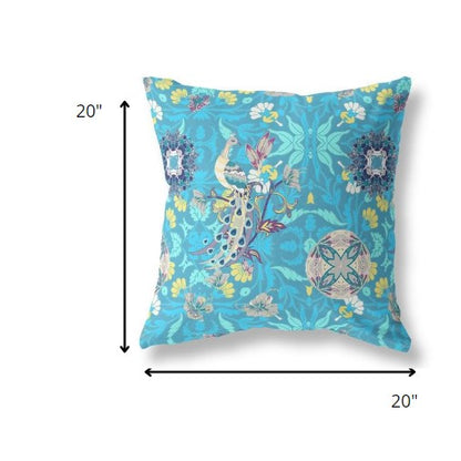 18" Turquoise Peacock Indoor Outdoor Zip Throw Pillow