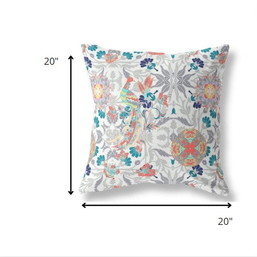 18" White Orange Peacock Indoor Outdoor Zip Throw Pillow