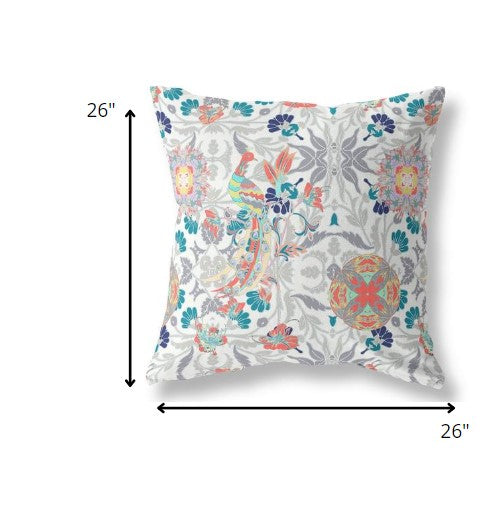 18" White Orange Peacock Indoor Outdoor Zip Throw Pillow