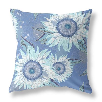 18" Blue White Sunflower Indoor Outdoor Zippered Throw Pillow