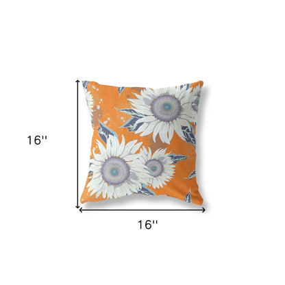 16" Orange White Sunflower Indoor Outdoor Zippered Throw Pillow