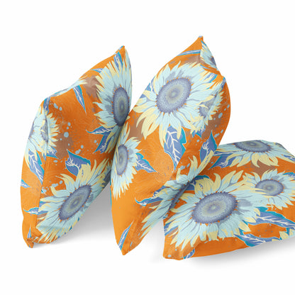 16" Orange Blue Sunflower Indoor Outdoor Zippered Throw Pillow