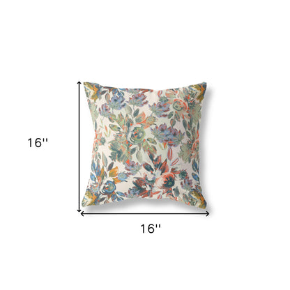 16” Green Beige Florals Indoor Outdoor Zippered Throw Pillow