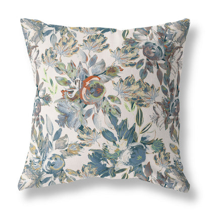 18” Blue White Florals Indoor Outdoor Zippered Throw Pillow