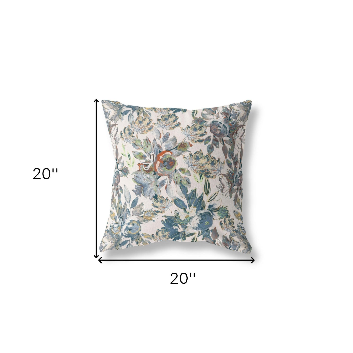 18” Blue White Florals Indoor Outdoor Zippered Throw Pillow