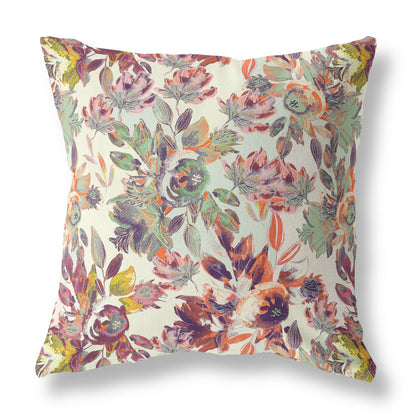 18” Orange Green Florals Indoor Outdoor Zippered Throw Pillow