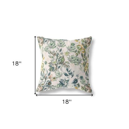 18” White Green Florals Indoor Outdoor Zippered Throw Pillow