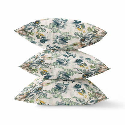 18” White Green Florals Indoor Outdoor Zippered Throw Pillow