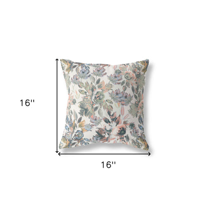 16” Pink Gray Florals Indoor Outdoor Zippered Throw Pillow