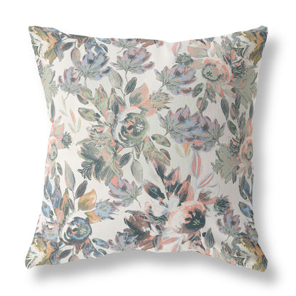 18” Pink Gray Florals Indoor Outdoor Zippered Throw Pillow