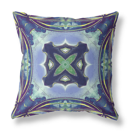 16” Blue Green Geo Tribal Indoor Outdoor Throw Pillow