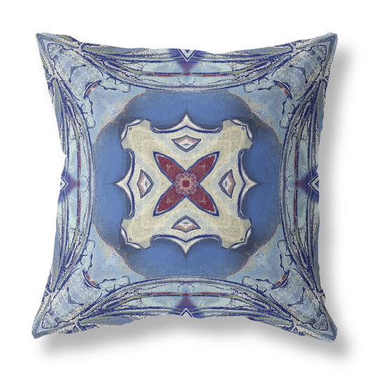 16” Blue Cream Geo Tribal Indoor Outdoor Throw Pillow