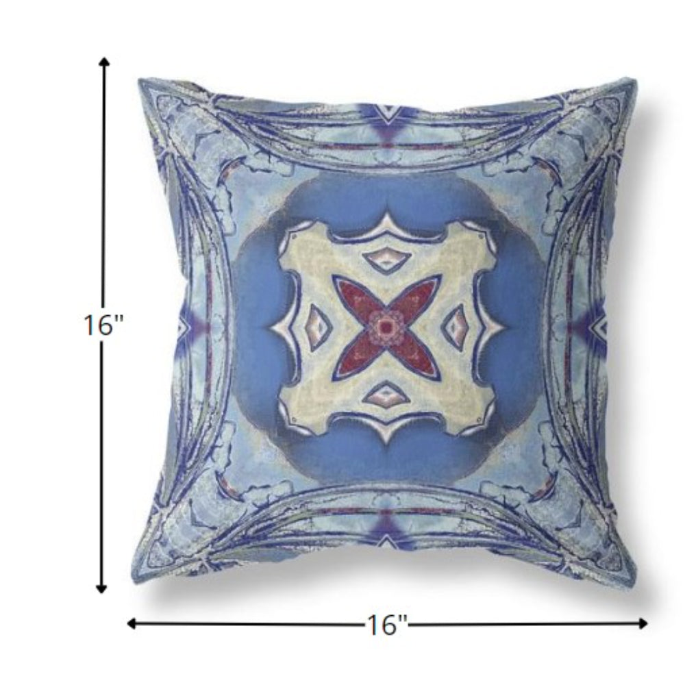 16” Blue Cream Geo Tribal Indoor Outdoor Throw Pillow