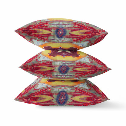 18” Red Yellow Geo Tribal Indoor Outdoor Throw Pillow