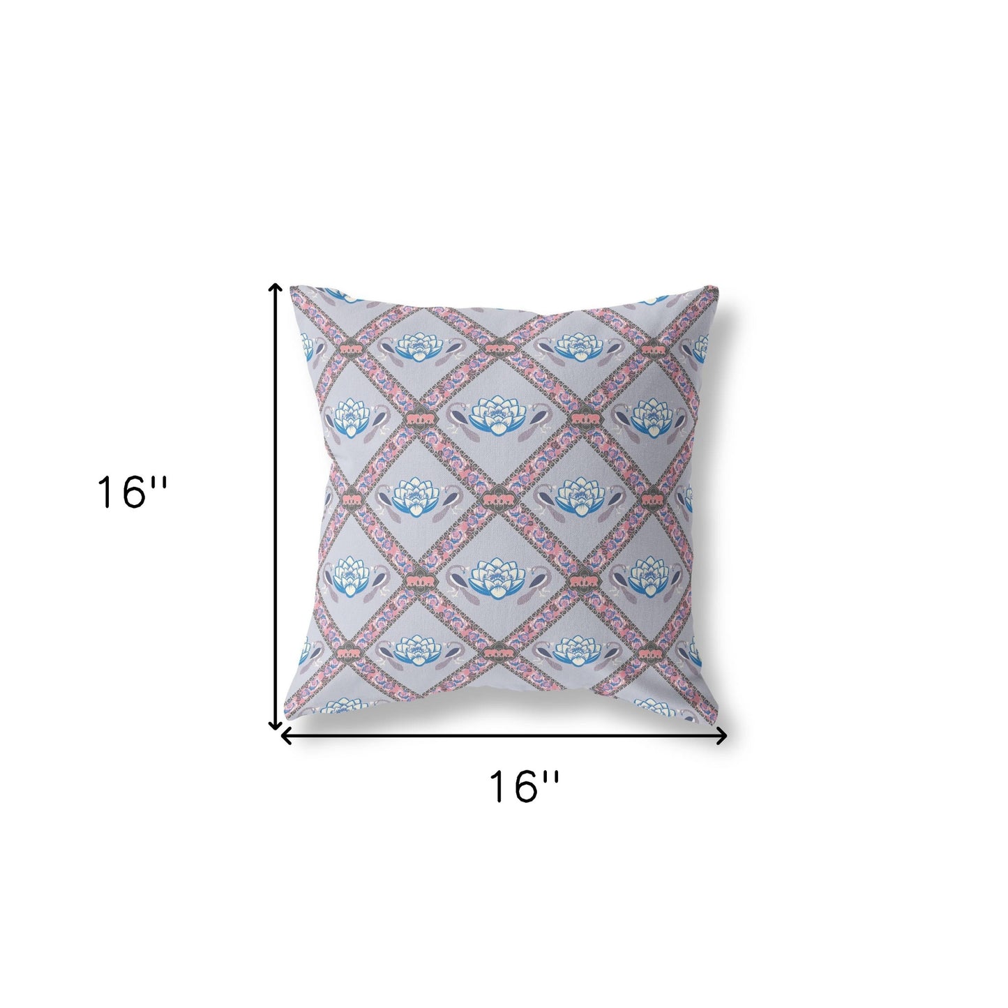 16" X 16" Gray And Pink Blown Seam Geometric Indoor Outdoor Throw Pillow