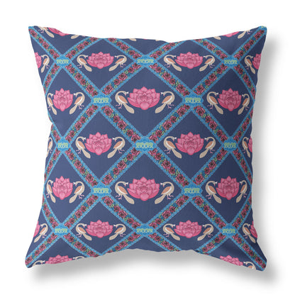 16" X 16" Indigo And Pink Blown Seam Geometric Indoor Outdoor Throw Pillow