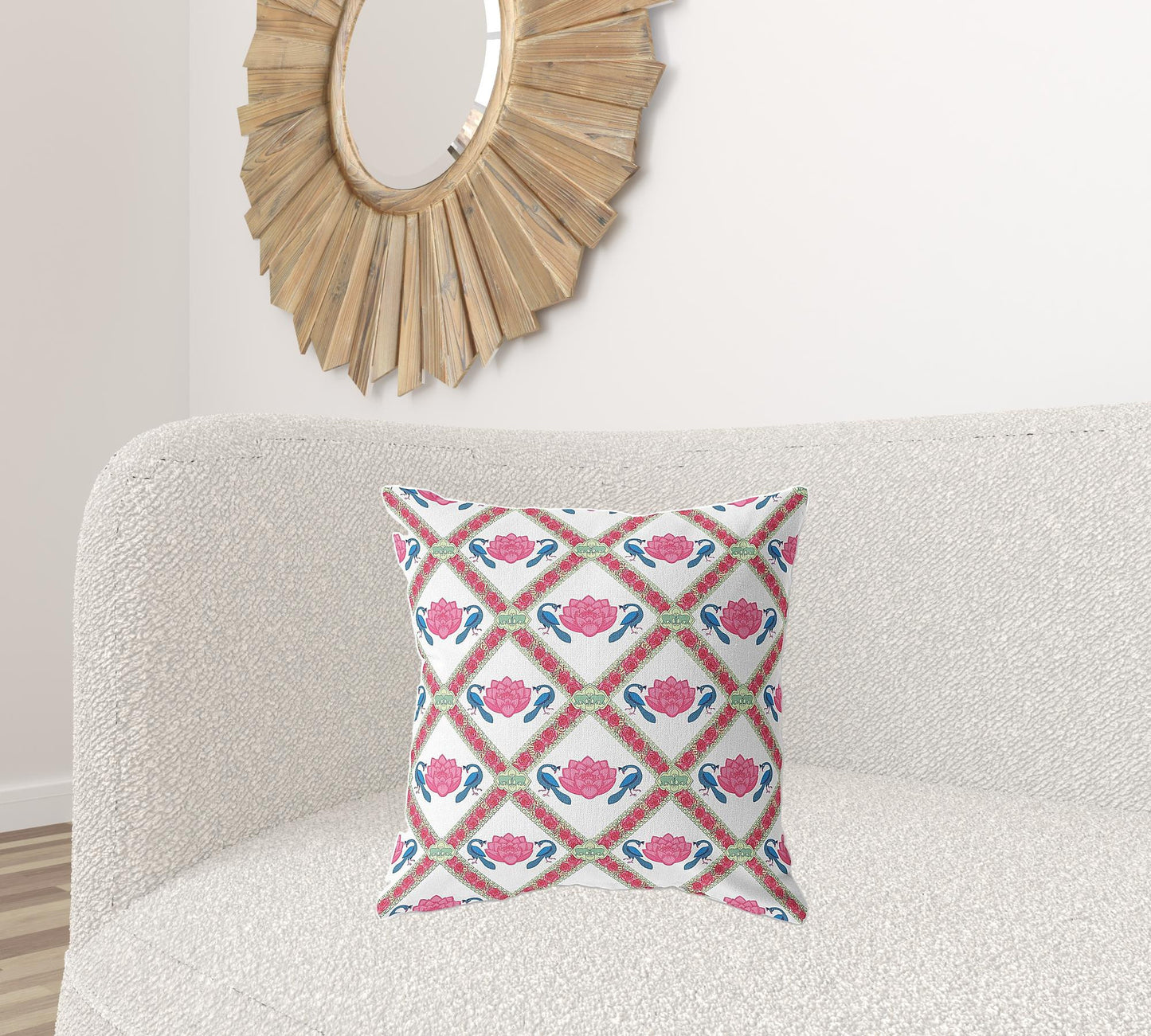 18" X 18" Pink And White Blown Seam Geometric Indoor Outdoor Throw Pillow