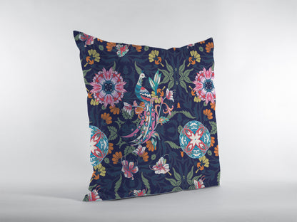 16" Navy Pink Peacock Indoor Outdoor Throw Pillow