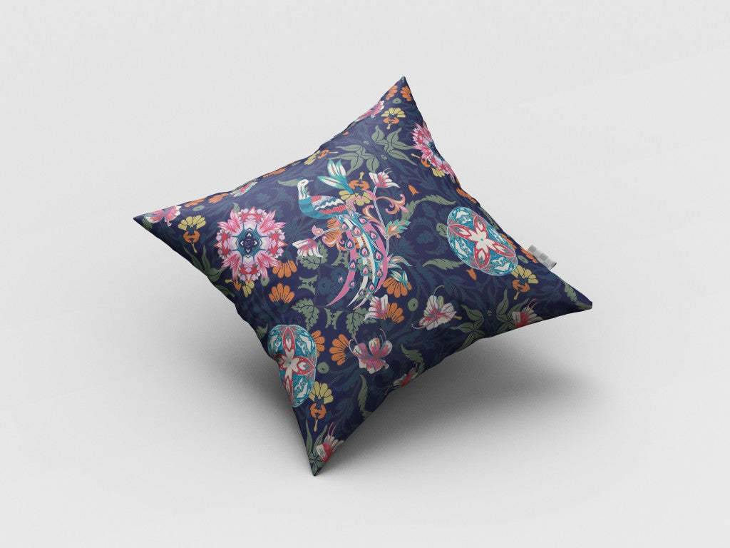 18" Navy Pink Peacock Indoor Outdoor Throw Pillow