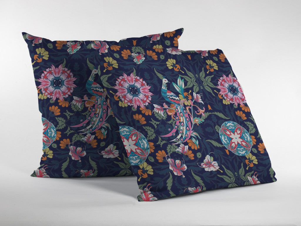 18" Navy Pink Peacock Indoor Outdoor Throw Pillow