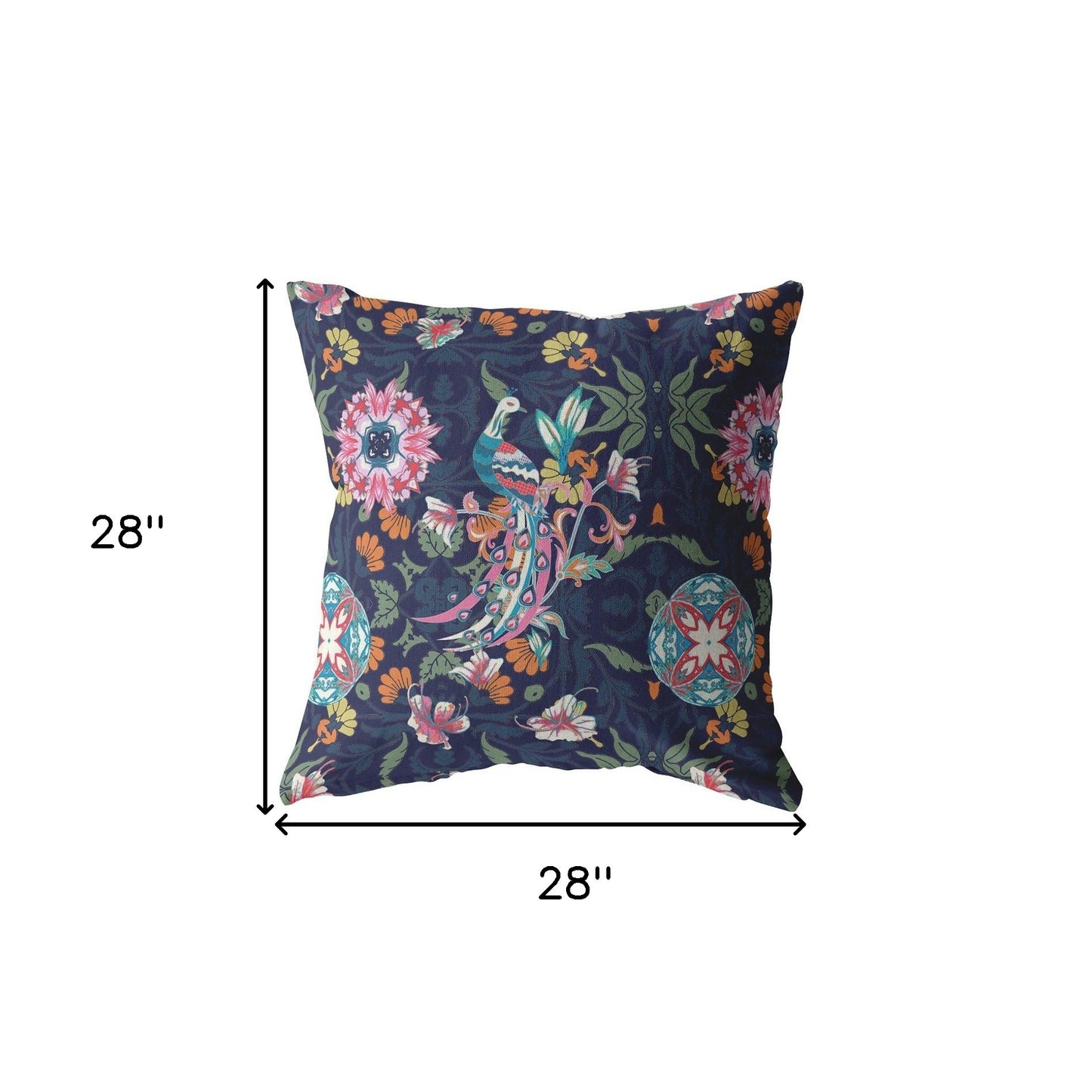 18" Navy Pink Peacock Indoor Outdoor Throw Pillow