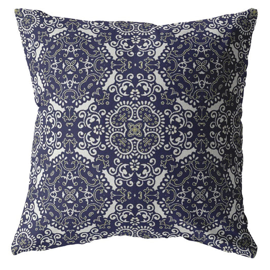 16" Navy Boho Pattern Indoor Outdoor Throw Pillow