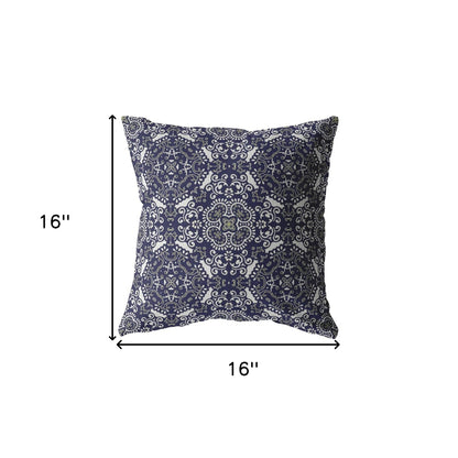 16" Navy Boho Pattern Indoor Outdoor Throw Pillow