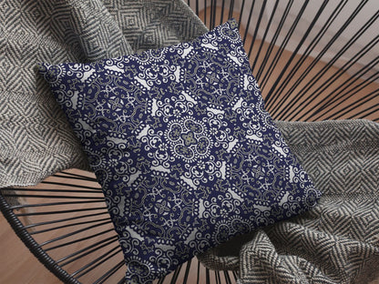 18" Navy Boho Pattern Indoor Outdoor Throw Pillow