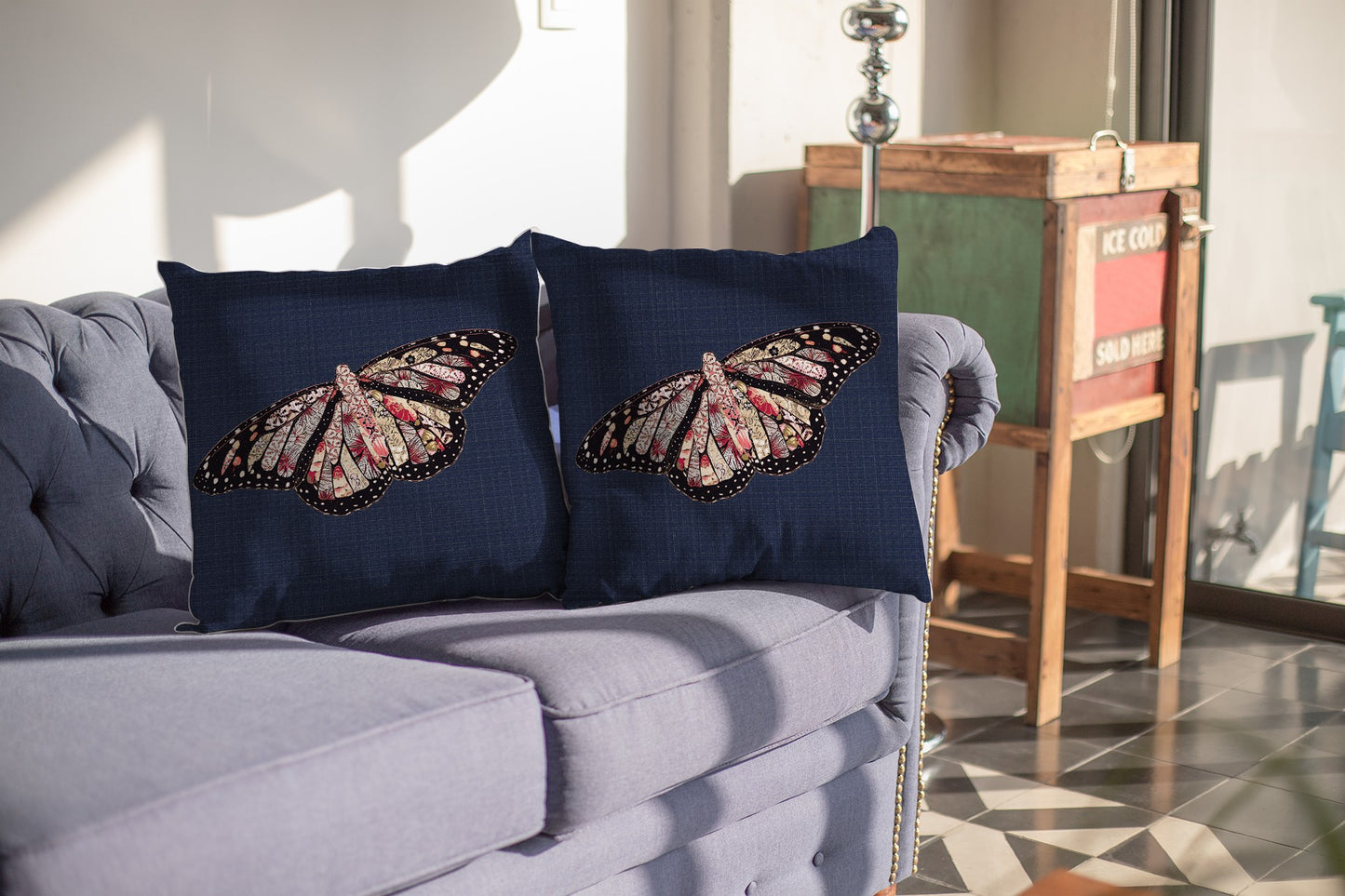 16" Denim Blue Butterfly Indoor Outdoor Throw Pillow