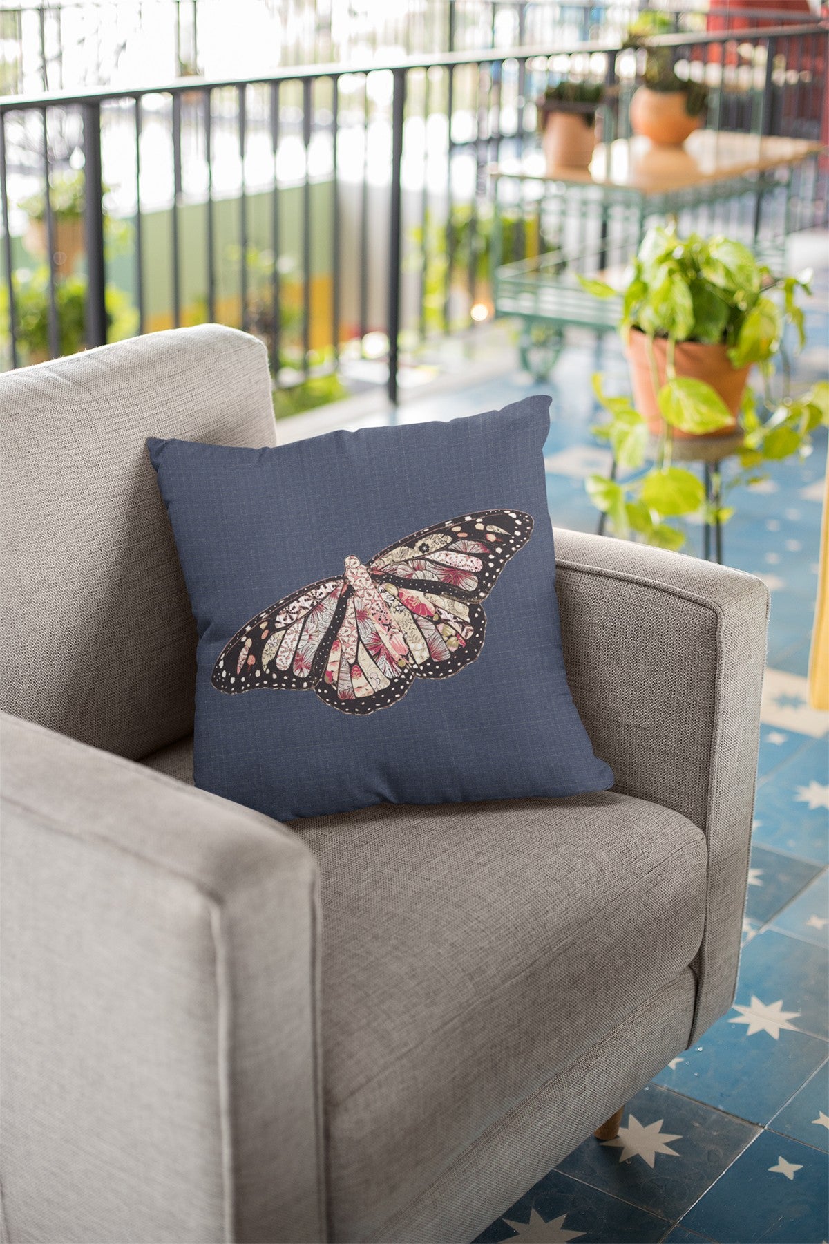 16" Denim Blue Butterfly Indoor Outdoor Throw Pillow