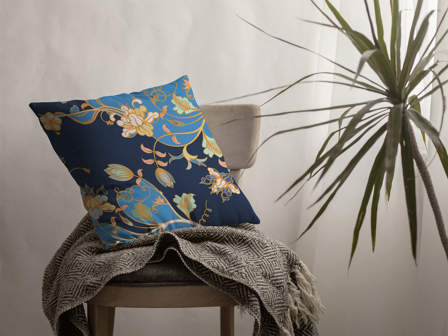 16" Navy Blue Garden Indoor Outdoor Throw Pillow