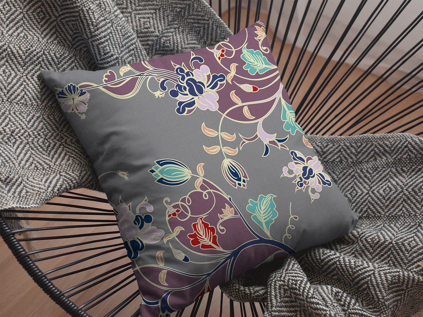 16" Purple Gray Garden Indoor Outdoor Throw Pillow