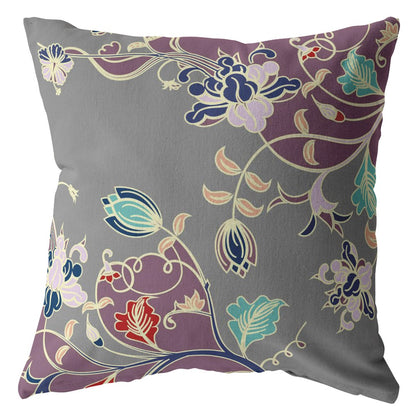 16" Purple Gray Garden Indoor Outdoor Throw Pillow