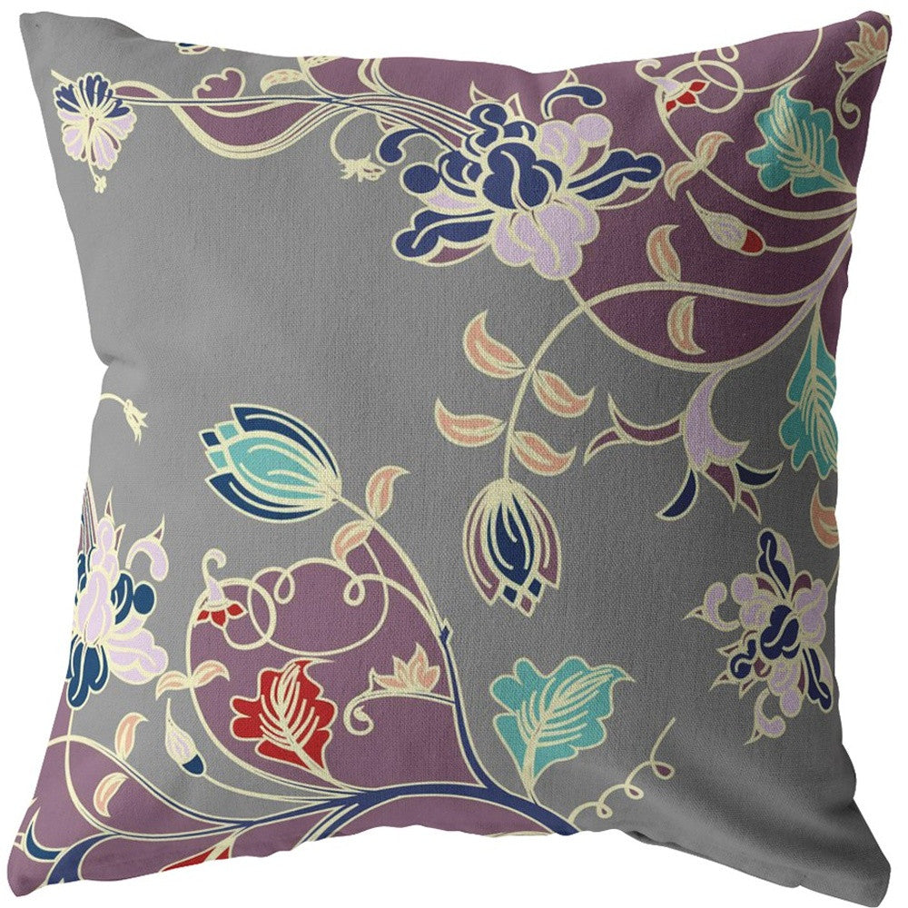 16" Purple Gray Garden Indoor Outdoor Throw Pillow