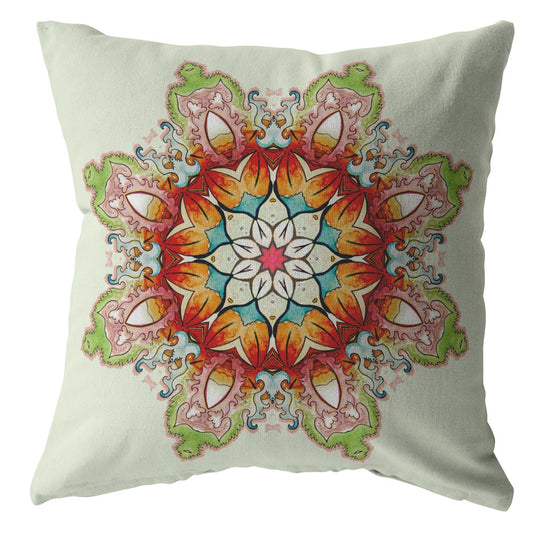 16" Orange Green Mandala Indoor Outdoor Throw Pillow