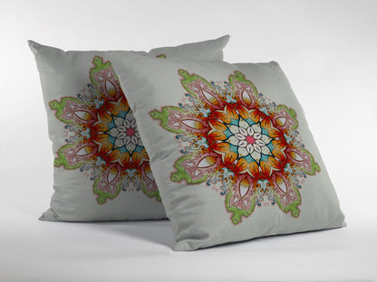 16" Orange Green Mandala Indoor Outdoor Throw Pillow