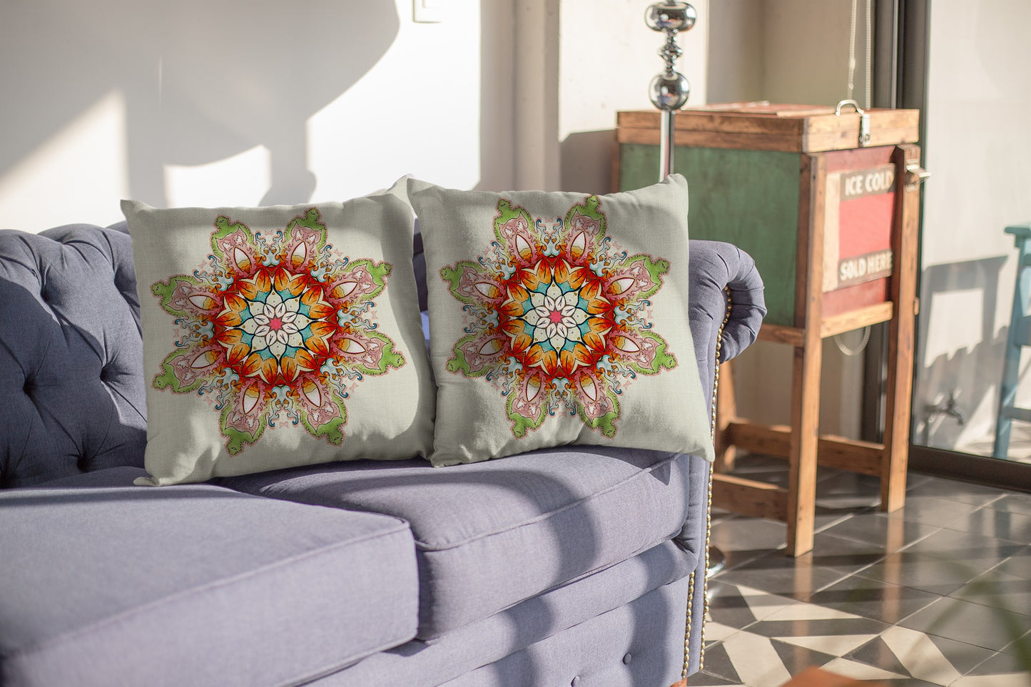 16" Orange Green Mandala Indoor Outdoor Throw Pillow