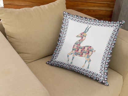 16" Blue White Boho Deer Indoor Outdoor Throw Pillow