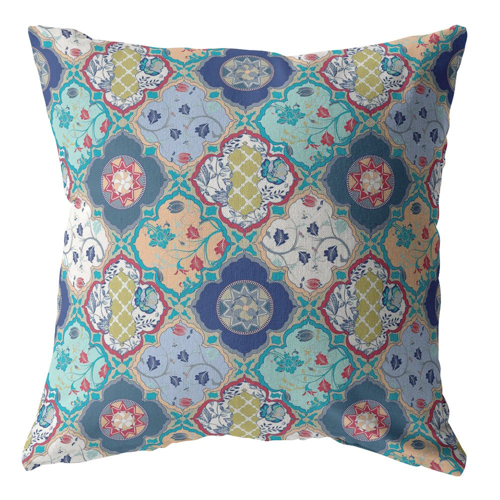 16” Blue Peach Trellis Indoor Outdoor Throw Pillow