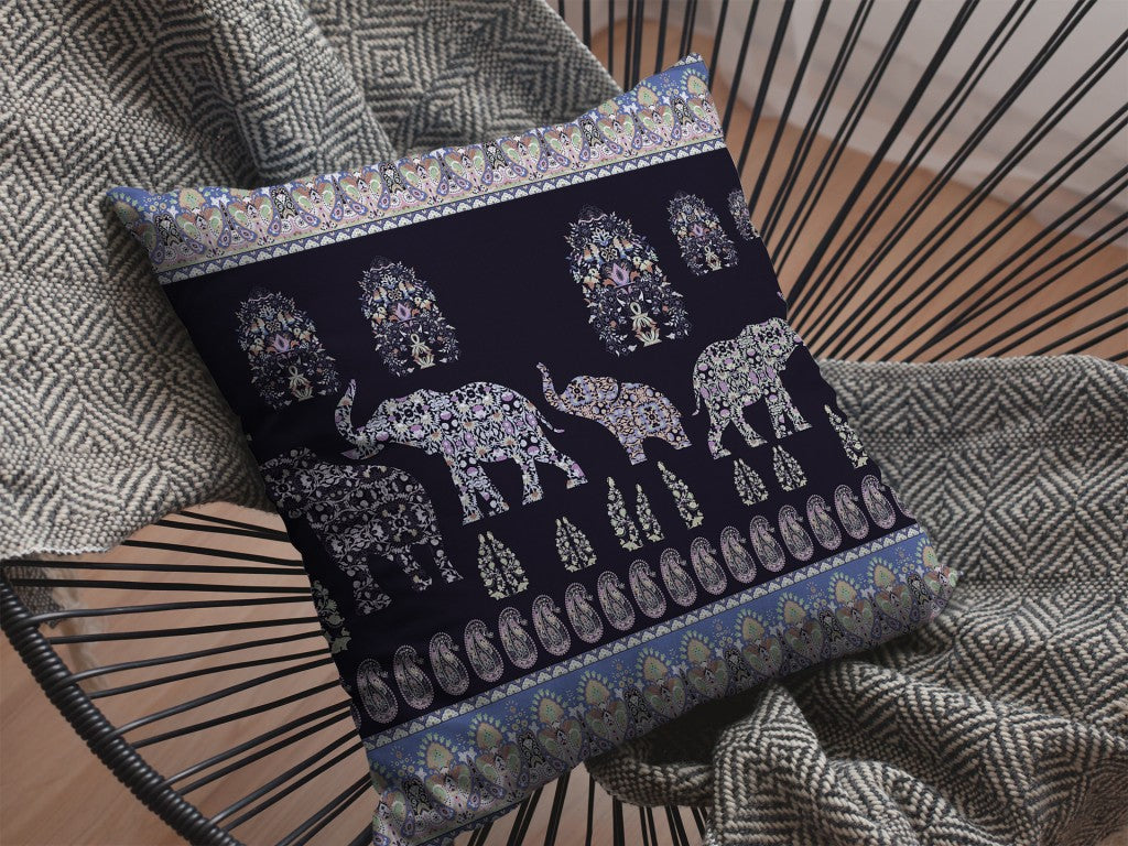 16” Purple Ornate Elephant Indoor Outdoor Throw Pillow