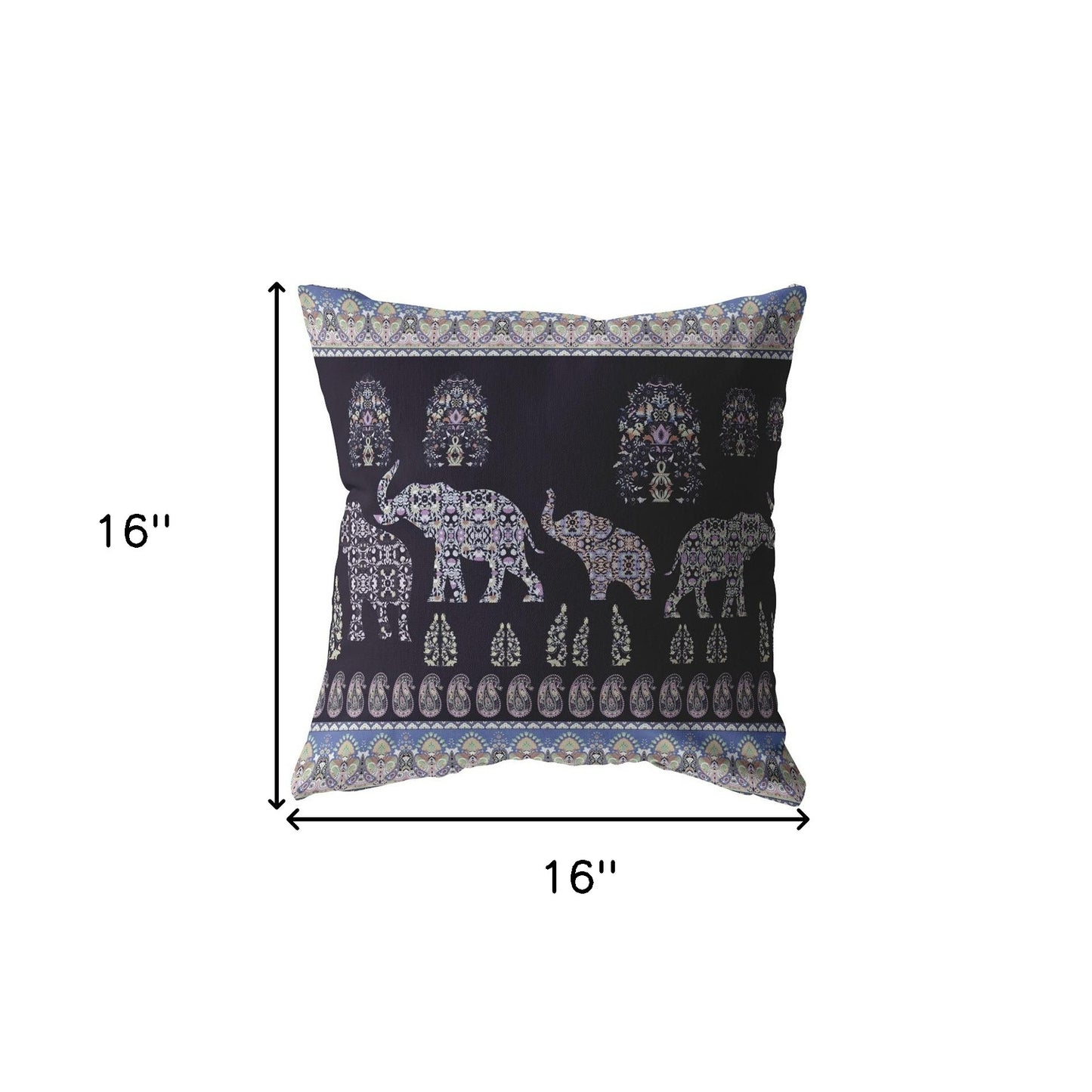 16” Purple Ornate Elephant Indoor Outdoor Throw Pillow