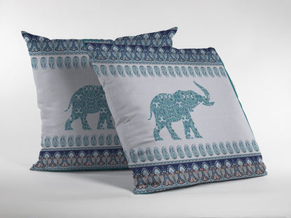 16” Teal Ornate Elephant Indoor Outdoor Throw Pillow