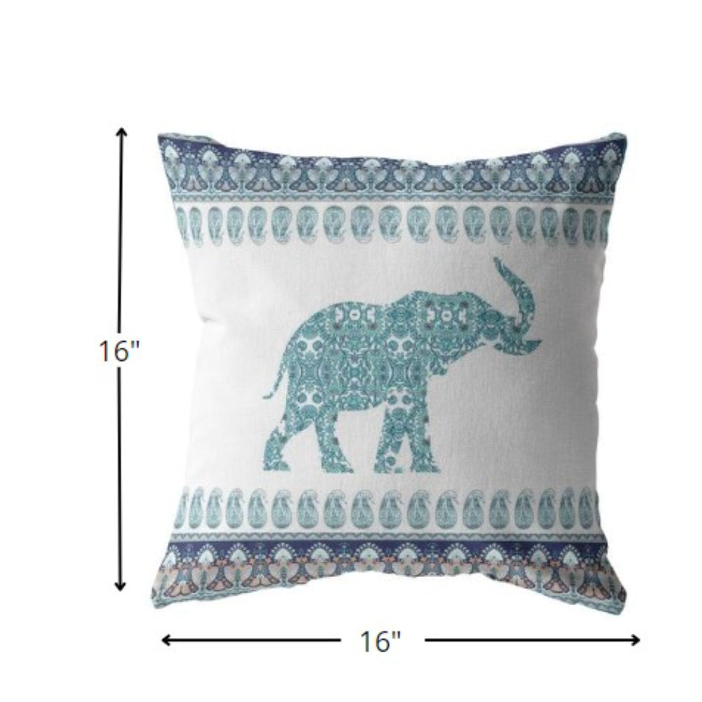 16” Teal Ornate Elephant Indoor Outdoor Throw Pillow