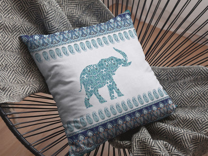 18” Teal Ornate Elephant Indoor Outdoor Throw Pillow