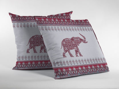 16” Red White Ornate Elephant Indoor Outdoor Throw Pillow