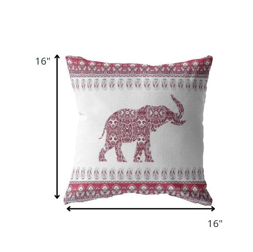 16” Red White Ornate Elephant Indoor Outdoor Throw Pillow