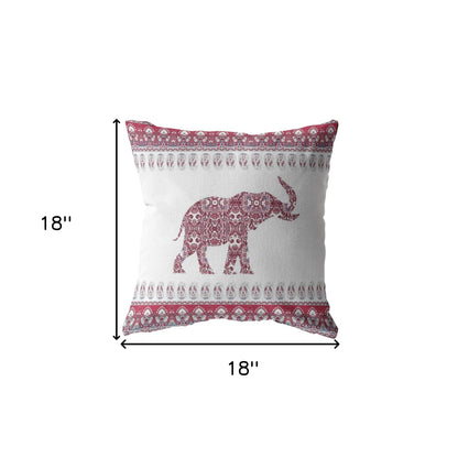 18” Red White Ornate Elephant Indoor Outdoor Throw Pillow