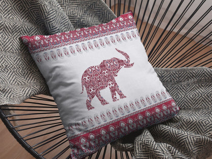 18” Red White Ornate Elephant Indoor Outdoor Throw Pillow