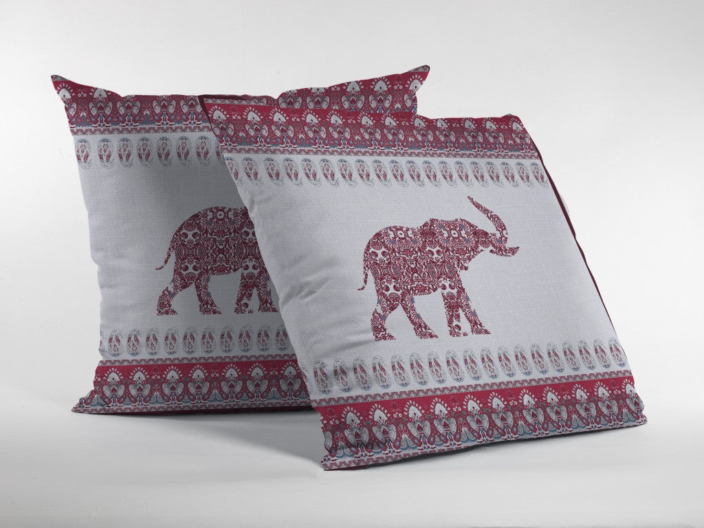 18” Red White Ornate Elephant Indoor Outdoor Throw Pillow